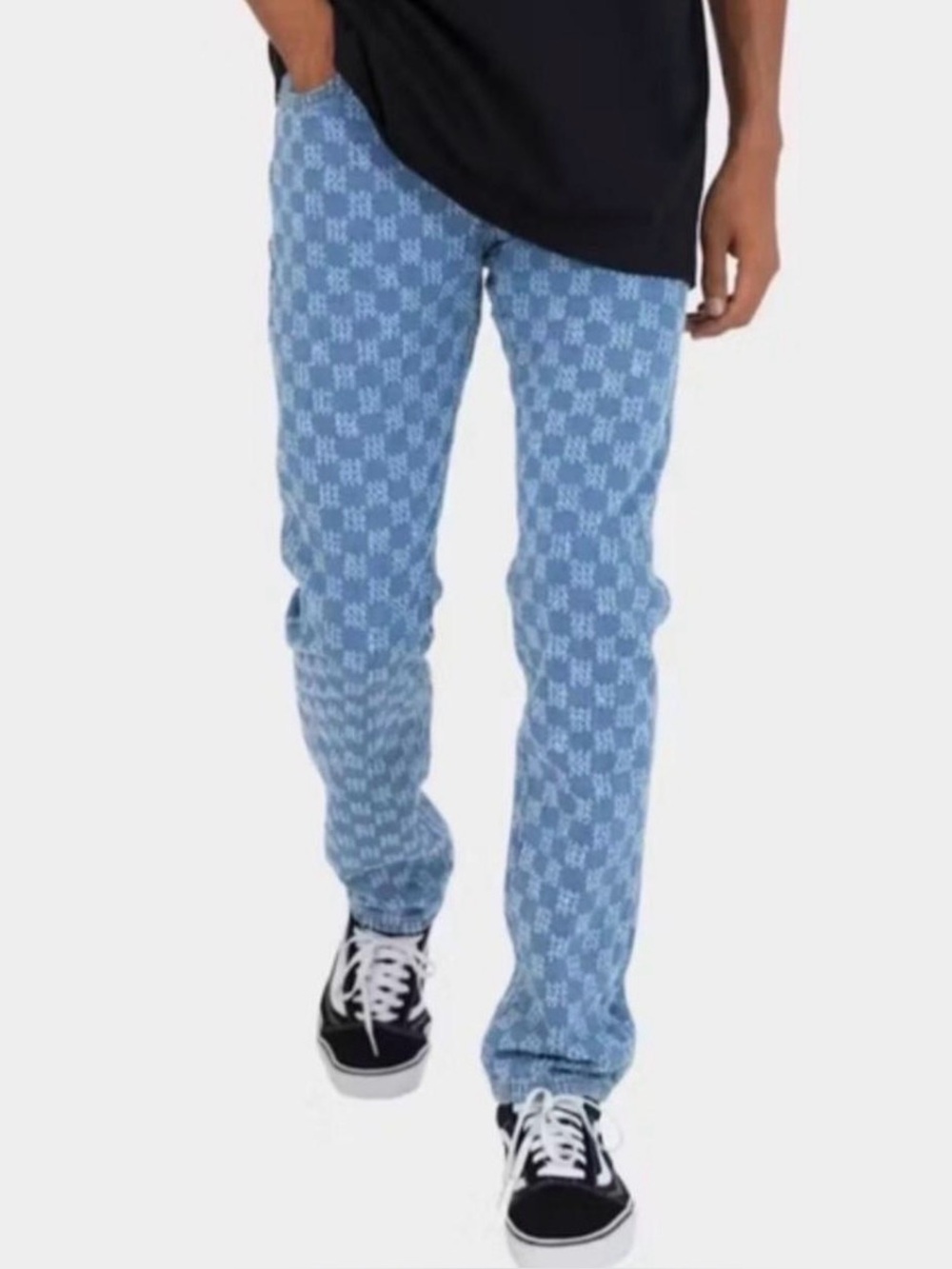 MNML Light Blue Checker Patterned Men’s Jeans - Casual Slim Fit Skate Streetwear